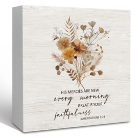 KFXHANGD Boho Bible Verse Floral Decor Wooden Box Sign Desk Decor, Christian Desk Decor, Inspirational Decorative Signs Decor for Office, His Mercies Are New Every Morning sign Decor 5x5 Inch
