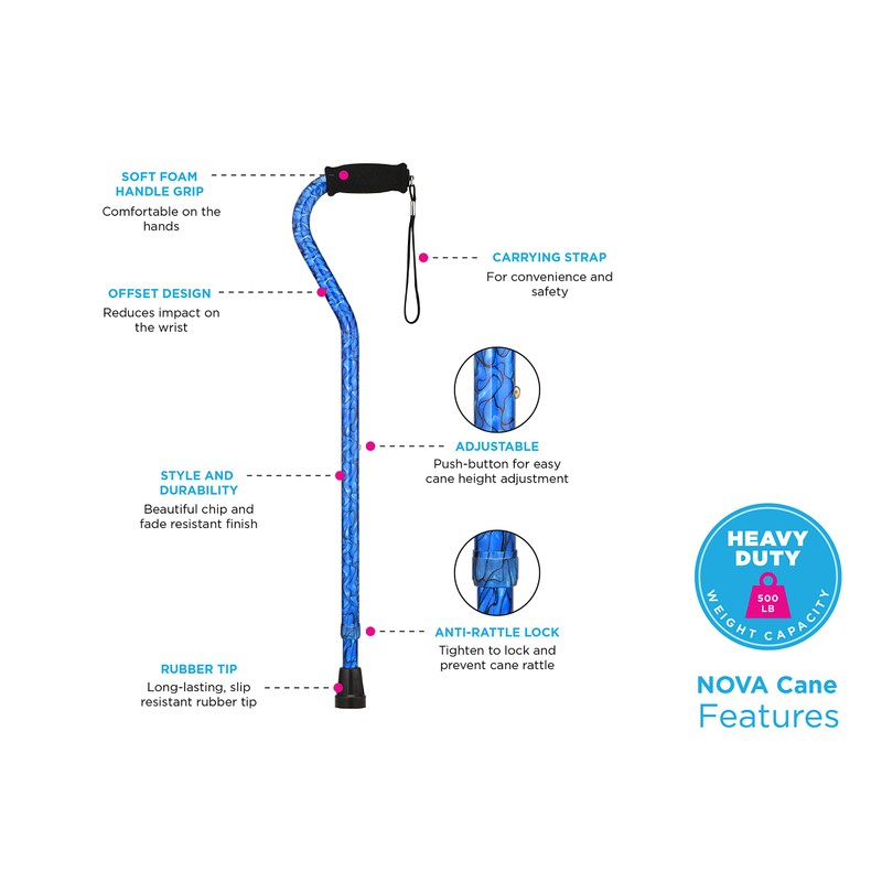 NOVA Heavy Duty Walking Cane with Offset Handle Silver