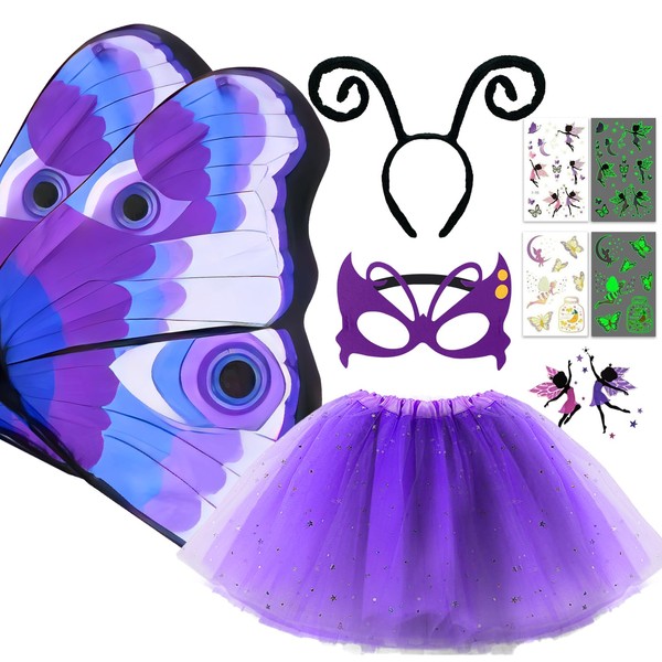 Pack of 6 Butterfly Costume Children, Fancy Dress Costumes Children Girls Butterfly Wings Children's Cape with Mask Tutu Skirt Tulle Skirt Headband Tattoo, Carnival Costume Fancy Dress Cosplay Party