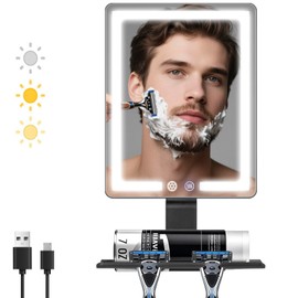 DESCHEN 2025 Updated Heated Shower Mirror Fogless for Shaving Men with 3 Color Lights, 5000mAh Rechargeable Anti Fog Shaving Mirror for Shower Fogless, 12.5×8" Borderless Mirror with Razor Holder