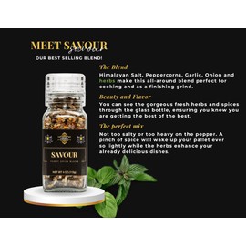 Fabulous Foodie Savour - Herbs, Himalayan Salt, Peppercorns, Garlic, and Onion Fancy Spicy Blend - Luxury Glass Grinder - Pairs Perfectly with Meats, Vegetables, & Fish Dishes - 4oz (113g)