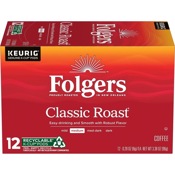 Folgers cápsulas de café molido tostado clásico, 0.28 onzas, 12 unidades, el embalaje puede variar