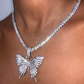 EARENT Rhinestone Butterfly Choker Necklace Crystal Butterfly Pendant Necklaces Chain Sparkly Neck Jewelry for Women (A-Silver)