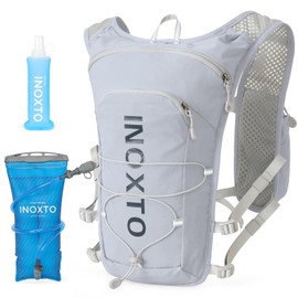 INOXTO Running Hydration Vest Backpack,Lightweight Pack with 1.5L Water Bladder and 250ml Soft Flask Daypack for Hiking Trail Running Cycling Race Marathon for Women Men (Gray Dark Blue, Standaed)