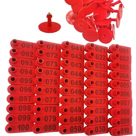 100PCS 001-100 Number Plastic Livestock Ear Tags Farm Animal Tags ID Tags Pink Green Blue Ear Tagger for Cow Cattle Sheep Goats Pigs Hogs Mark Label (Red)