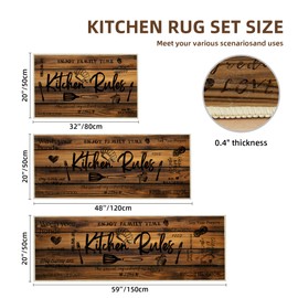 Tritard 100% Non Slip 3 Piece Kitchen Rugs Set with Runner, Farmhouse Washable Kitchen Mats for Floor, Ultra Soft Kitchen Floor Mats Carpet Runner Rugs for Sink, Entryway, Laundry Room, Wooden Brown