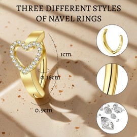 AstraGlam 3 Stück Bauchnabelpiercing 14G – Herzförmiger Piercing Bauchnabel Ring mit Glitzer Zirkonia, Chirurgenstahl Nabelschmuck in Gold für Damen