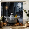 Halloween Shower Curtain,Whimsical Ghost in Bathtub with Black Cat Pumpkin