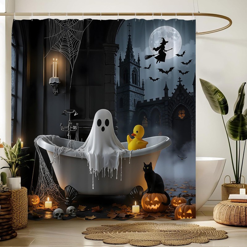 Halloween Shower Curtain,Whimsical Ghost in Bathtub with Black Cat Pumpkin