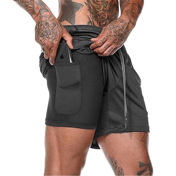 2 in 1 Sports Shorts Double Layer Breathable Men's Shorts with Pockets Sport Dry Sport with Pocket Base Layer Stretch, Black