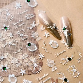 QEYRIYI White Flowers Nail Art Stickers for Nail Art 5D Embossed White Floral Nail Decals with Green Rhinestones Designs Self-Adhesive Gem Nail Sticker Supplies for Women DIY Manicure Decorations