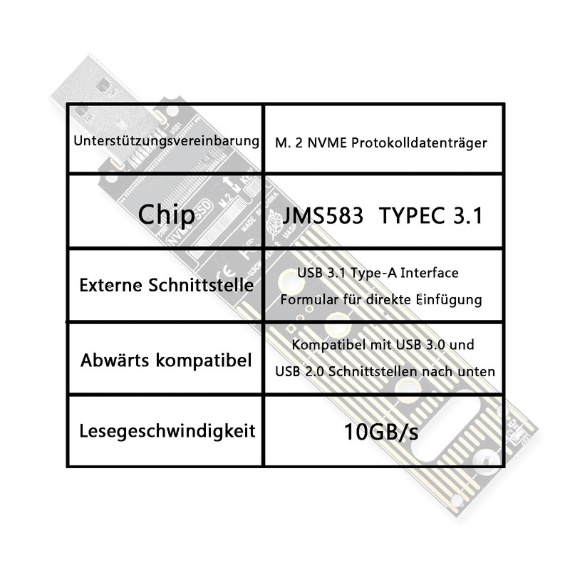M.2 NVMe to USB Adapter Card 10Gbps USB 3.1 Type