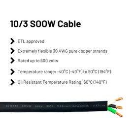 WindyNation 75 Feet 10/3 10 AWG SOOW SO Cable Cord Wire - 10 Gauge 3 Conductor 600V Portable Power Extension Cord Cable for EV Chargers, Motor Leads, Portable Lights, and Battery Chargers
