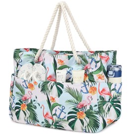 Suweir Beach Bag Large Swimming Bag XXL Family with Zip Women's Beach Bag with Wet Pocket Waterproof Shopper Tote Bag Sauna Bag Swimming Bag for Beach Swimming Pool Thermal Travel (Flamingo), flamingo