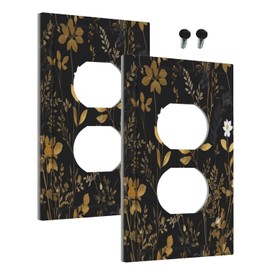 Wmhusu Outlet Covers Golden/Black Leaf Floral Boho Flowers 1 Gang Duplex Light Switch Cover Plate Decorative Wall Plates Electrical Switchplate Receptacle Cover for Bathroom Bedroom Decor（2Pack）