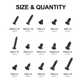 QTEATAK 300Pcs Black Laptop Notebook Computer Screw Replacement Kit Countersunk Self-Tapping Screws KA2 KA2.6 KA3