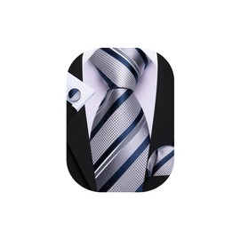 Barry.Wang Grey Navy Blue Tie for Men Striped Silk Necktie Pocket Square Cufflinks Set Formal Wedding Party Business