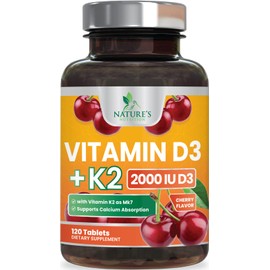 Vitamin D3 K2 2000 IU Plus with K2 (MK-7) 75 mcg - Vitamins D & K Complex Supplement for Bone, Teeth, Muscle, Calcium Absorption, Supports Immune & Heart Health, Non-GMO Chewable Formula - 120 Tablets