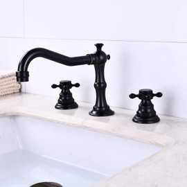 Victorian Widespread Deck Mounted Three Holes Double Handles Bathroom Sink Faucet with Matching Pop Up Drain with Overflow,Oil Rubbed Bronze Vintage