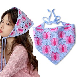 Yreamont Butterfly Crochet Bandana Headpiece - Cute Triangle Hair Scarf, Headband, and Head Coverings for Women, Girls in Blue and Pink