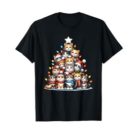 Cat Christmas Tree Gifts Children Women Men Funny Christmas Cat T-Shirt, black