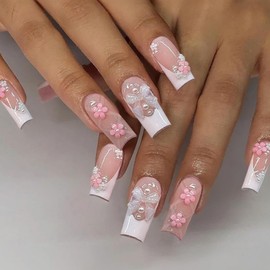 SEMATA Pink French Tip Press on Nails Medium Long Square Acrylic Fake Nails Press Ons with Glue 3D Flower Bow Stick on Nail for Women Pearls Artificial Glue on False Nail with Designs 12 Sizes