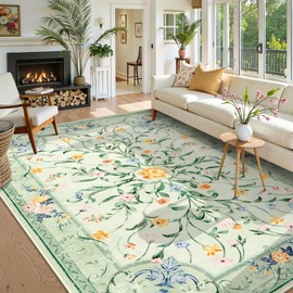 Green Floral 8x10 Area Rug for Living Room, Washable Non Slip Bedroom Rug, Soft Low Pile Carpet for Kids Nursery Office Dining Room Playroom Decor (Sage Green 8'x10')
