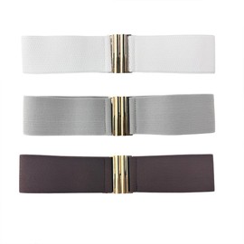 Ainiveiya 3-Pack Wide Elastic Belts for Women – Vintage Stretch Waist Belt with Golden Buckle, Adjustable Dress Waistband, Stretchy Elastic Belts for Dresses & Skirts（White Gray Coffee）
