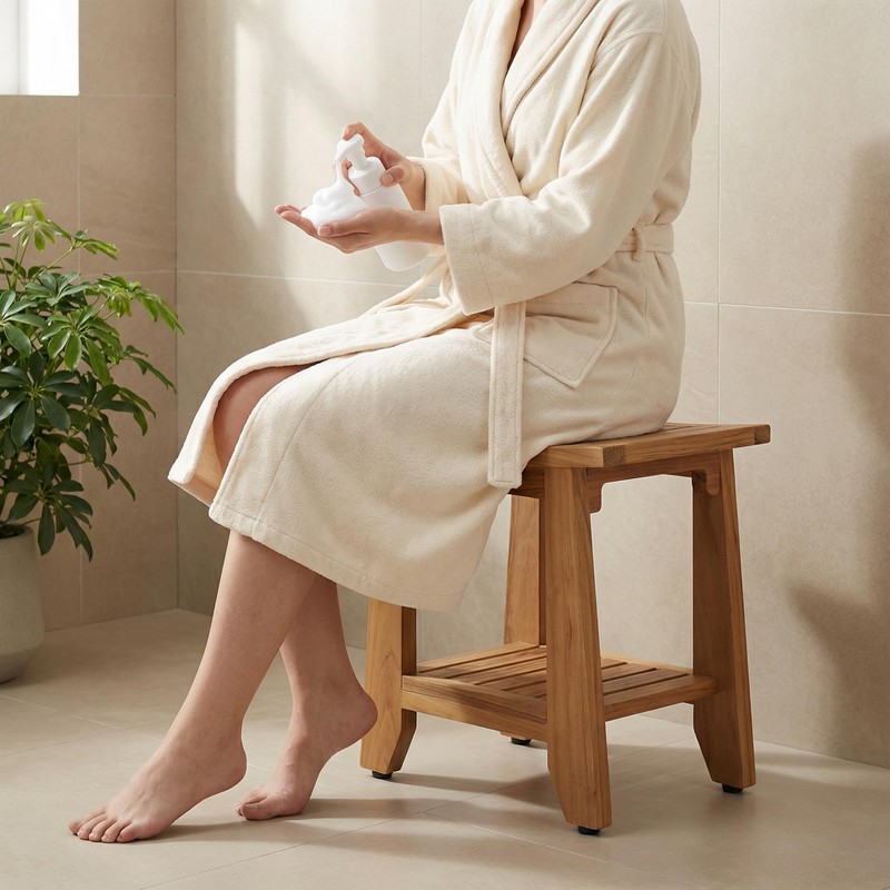 Teak Shower Bench Stool, 14'' Compact Waterproof Wooden Sauna Bath