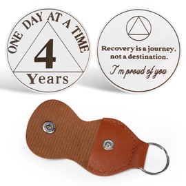 CHURYUML 4 Year Sobriety Coin with PU Leather Keychain - One Day at A Time Sober Chip, Four Year AA Medallions Recovery Token Sobriety Gifts for Women & Men Celebrating Milestones in Sober