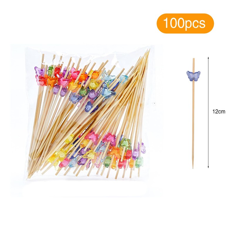 100 PCS Disposable Butterfly Fruit Picks, Bamboo Skewer Flower Picks,