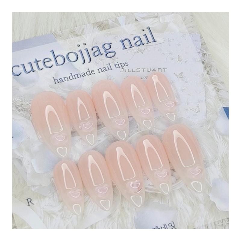 Baby Boomer Heart Handmade Nail Tips - Almond S /