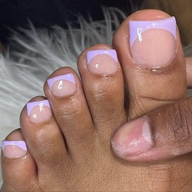 KQueenest 30 Pcs Lilac French Tip Toe Press on Nails Short Square, Soft Gel Fake Toe Nails Press on, Natural Nude Glue on Toe nails for Women Summer, Reusable Toe Acrylic Nails