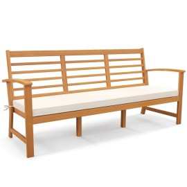 COSTWAY 64" Patio Outdoor Extra-Long Furniture Wood Bench w/Seat Cushion & Slatted Seat