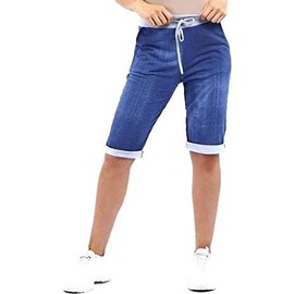 Chilgoza ew Italian Ladies Women's Elastic Waist Cotton Turn Up Shorts Size UK Fit 8-22 (Denim, 20-22)