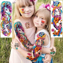 58 PCS Cartoon Unicorn Mermaid Temporary Tattoo For Kids Girls Boys, Full Arm Animals Dinosaur Car Space Monster Truck Butterfly Body Face Fake Sleeve Tattoos Stickers Birthday Gifts Party Supplies