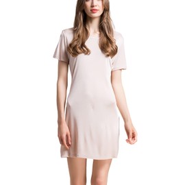 Grenasasilk Women's Silk Nightgown Short Sleeve Pure Mulberry Silk Sleepshirt Scoop Neck Nightshirt Sleepwear Beige Large