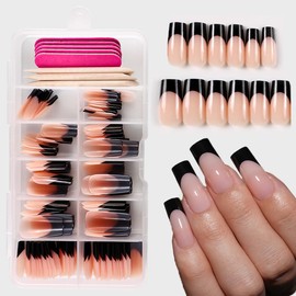 120 Pcs French Tip Press on Nails Medium Square Fake Nails Black French Nails Press on Medium Glossy Nude Acrylic Nails Full Cover Artificial False Nails Glue on Nails with Adhesive Tabs for Women