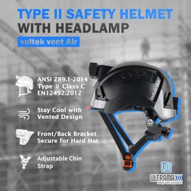 UM ULTRAMAXX Type II Hard Hat with Rechargeable Headlamp – ANSI Z89.1 Class C, Type 2 Hard Hat with Chin Strap, Front & Rear Hardhat Headlamp, for Construction Tree Work Storm Recovery (Black)
