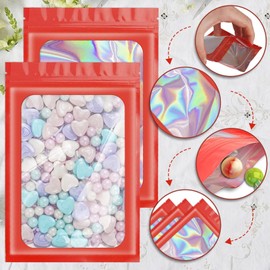 ANZNKU 100 Pack Mylar Bags Reasealable Holographic Bags, Smell Proof Bag Zipper Pouches with Clear Window, Jewelry Candy Sealable Bag for Packaging Sample Party Favor (Red, 7.1 x 10.2 Inch)