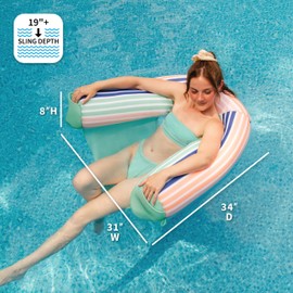 Big Joe Shaka Sling XL Pool Float, Rivera Stripe Turquoise, Doubled-Sided Mesh, Quick Draining Fabric, No Inflation Needed