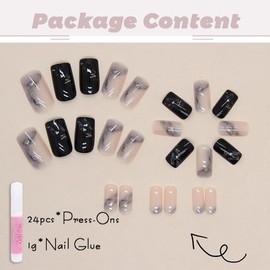 Lovamis French Tip Press on Nails Short with Designs, Cute Blue Fake Nails Coffin with Glue, Glitter Shiny Stars Artificial Nails Acrylic Glue on Nails for Women, 24PCS/Set(deep sea)