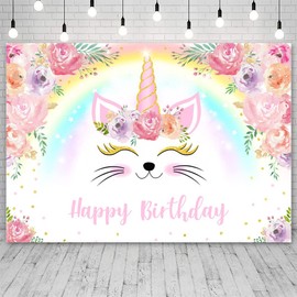 ABLIN 7x5ft Rainbow Unicorn Cat Happy Birthday Backdrop for Girls Pink Flowers Unicorn Cat Colorful Rainbow Photography Background Baby Girl Birthday Banner Photo Shoot Props