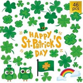 WEEPA St Patrick's Day Decorations 46 Pcs Shamrock Window Clings Decals Four Leaf Clover Window Stickers Irish Shamrock Happy St. Patrick's Day Party Ornaments