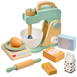 Wooden Toy Mixer Set with Egg, Sugar, Flour-Montessori Pretend Play Food Kitchen Accessories for Toddler Girls and Boys (9 Pcs)
