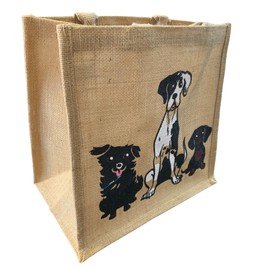 Shared Earth Eco Jute Shopping Bag – Reusable Tote with Dog, Badger, Turtle, Squirrel, Fruit & Bicycle Designs – 100% Natural & Biodegradable – 31 x 30.5 x 20.5 cm (Dogs)