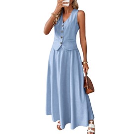 ELLEVEN Linen Sets for Women 2 Piece Skirt Outfits Summer Two Piece Vest Sets Going Out Maxi A-line Long Flowy Skirt Sleeveless Tank Top Casual Matching Dress Set Spring Vacation Airy Blue X-Large