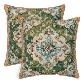 Boho Green Teal Carpet Velvet Pillow Covers 18X18 Inch Set of 2 Vintage Ethnic Floral Decorative Pillow Cases Antique Rust Bohemian Soft Cushion Case with Invisible Zipper Home Decor for Sofa Couch