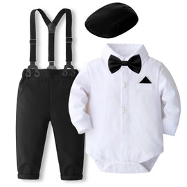 SALNIER Baby Boy Dress Suit Clothes Sets Infant Tuxedo Gentleman Suits Outfits Bowtie Shirt Suspenders Pants Beret Hat(Black-whi,6-12 Months)