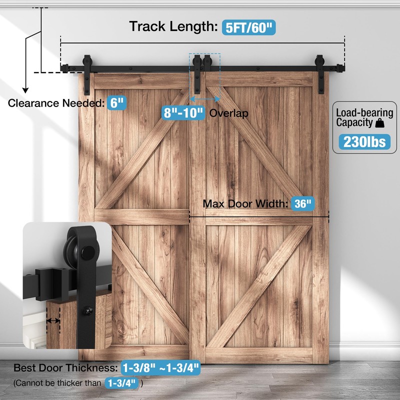 ZEKOO 5 FT Bypass Barn Door Hardware Kit, Single Track,